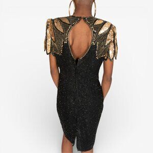 Vintage 90s D'Albert Silk Beaded Sequin Dress 10 M Black Gold Cocktail Party LBD